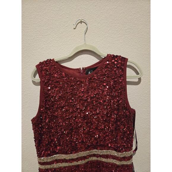 Mac Duggal Women's Size 10 Burgundy Beaded High Neck Midi Sheath Dress - Picture 3 of 12